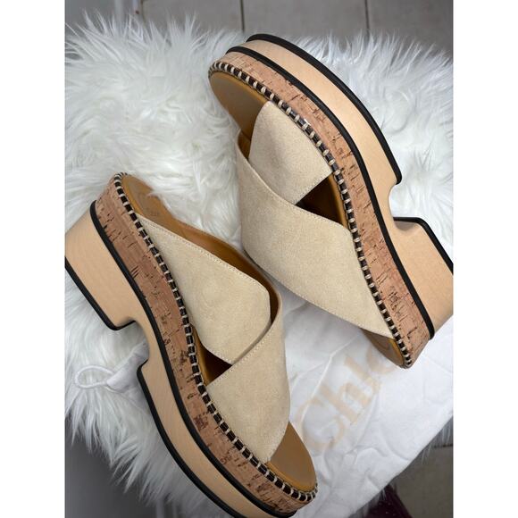 Chloe LAIA Biscotti Tan Suede Platform Slide Criss Cross Mule Sandal Heel 10 41 - Picture 1 of 7